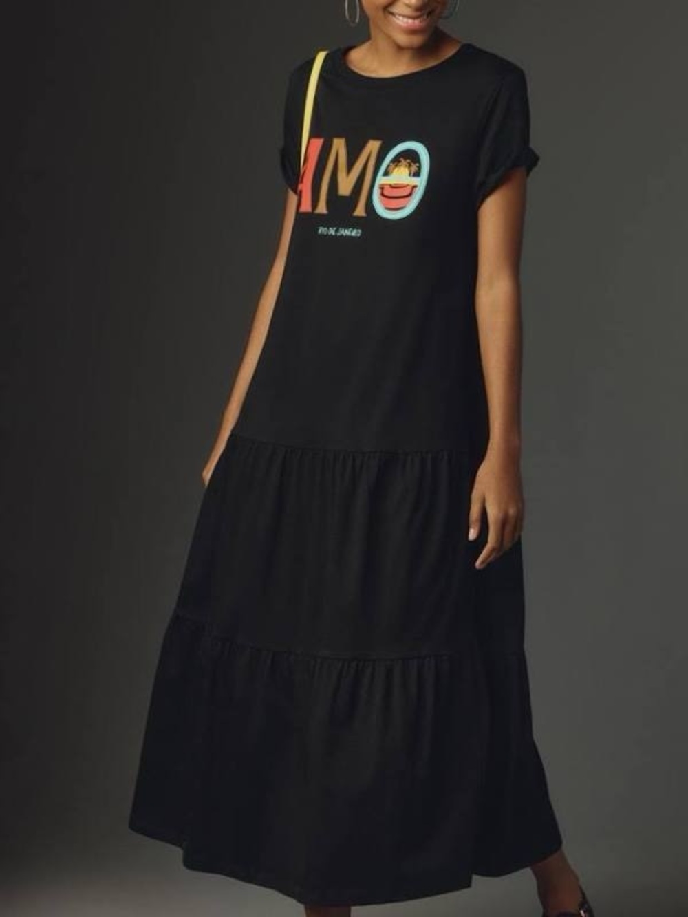 FARM Rio Black Tiered Maxi Dress with Multicolor Logo-XS-NWT
